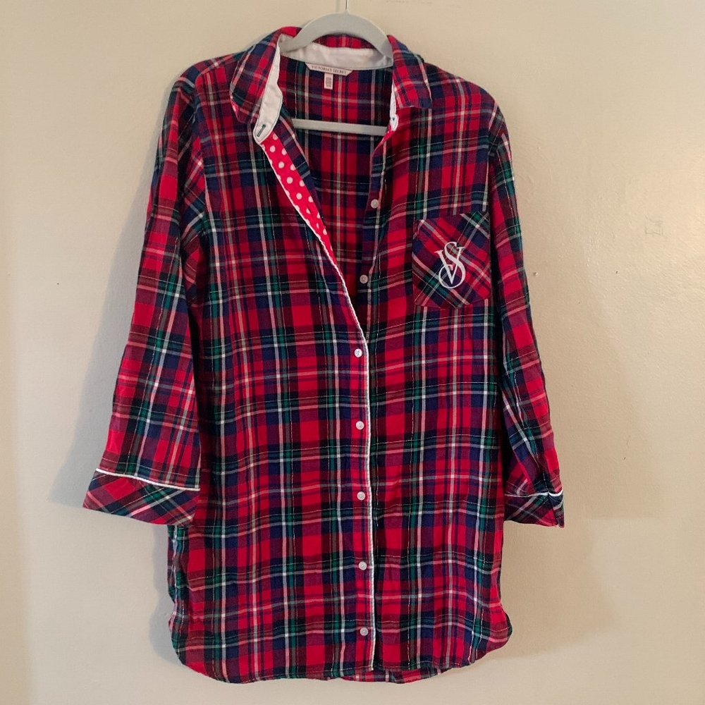 EUC Victoria's Secret Red Plaid Sleep Shirt Button Down